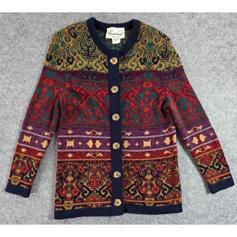 Vintage Castlebrook Cardigan Sweater Women's Size 12 Blue Red Yellow USA Grandma